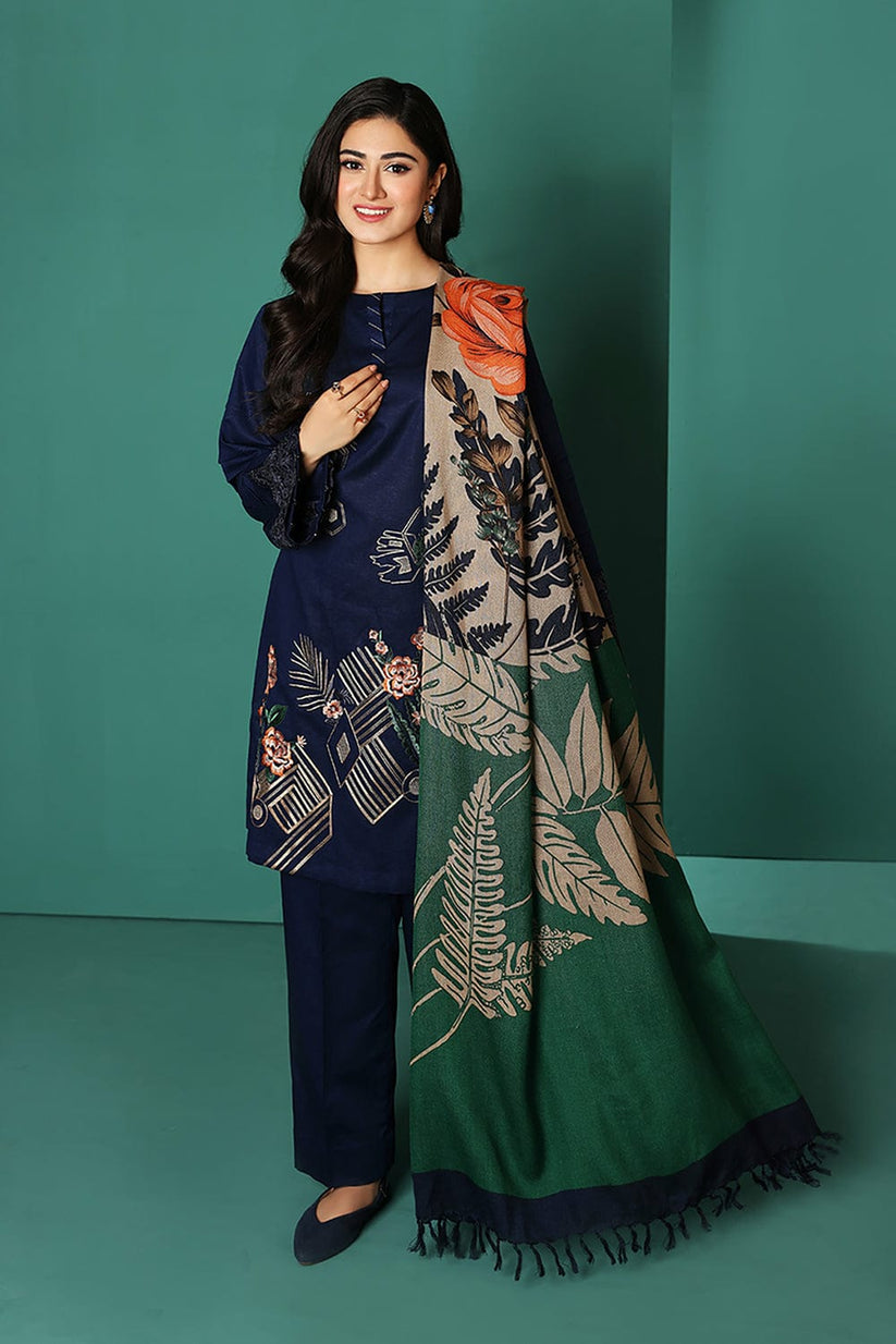 Nishat 539 Blue Dhanak Embroidered three piece With silk Woolen Shawl FCC