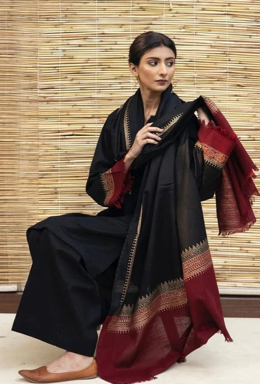 STAR Black Dhanak Embroidered three piece With Dhanak Shawl Fcc-451