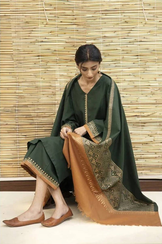 STAR Mongia Dhanak Embroidered three piece With Dhanak Shawl Fcc-451