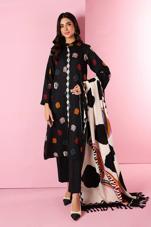 Khaadi 18404 Black Dhanak Embroidered three piece With Wool Shawl FCC