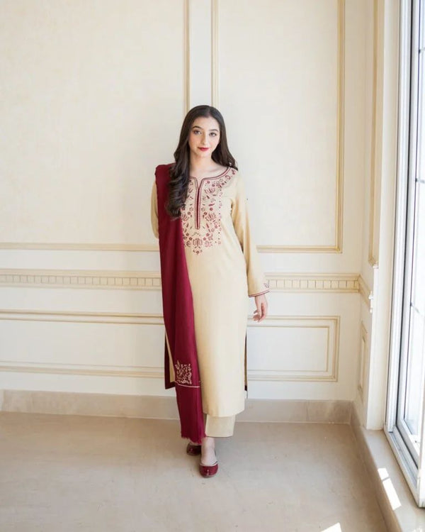 Asiling Dhanak 3PC Embroidered - Cream