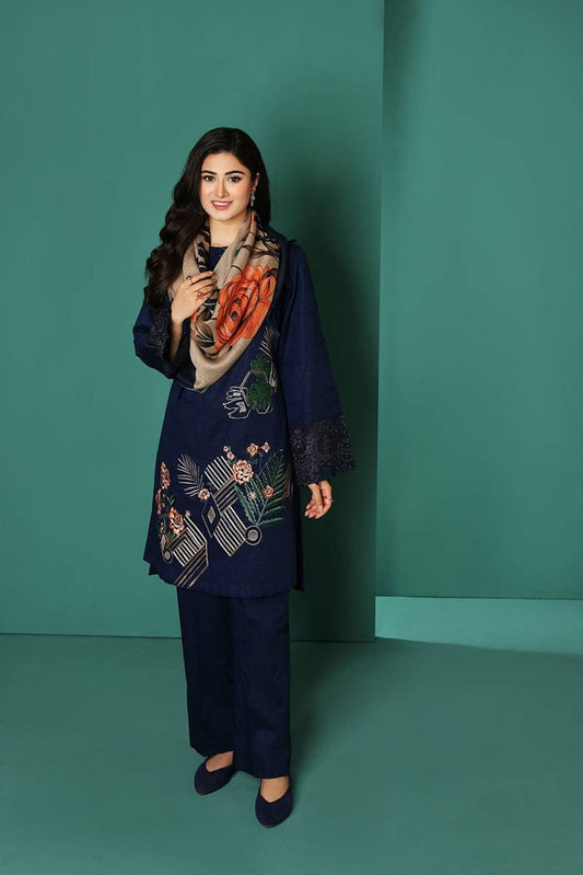 Nishat 539 Blue Dhanak Embroidered three piece With silk Woolen Shawl FCC