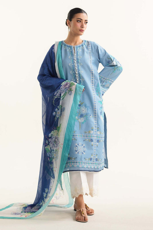 ZARA SHAJAHAN 3PC EMBROIDERED LAWN SHIRT SLEEVES PLAIN TROUSER PRINTED DUPATA 094-IN