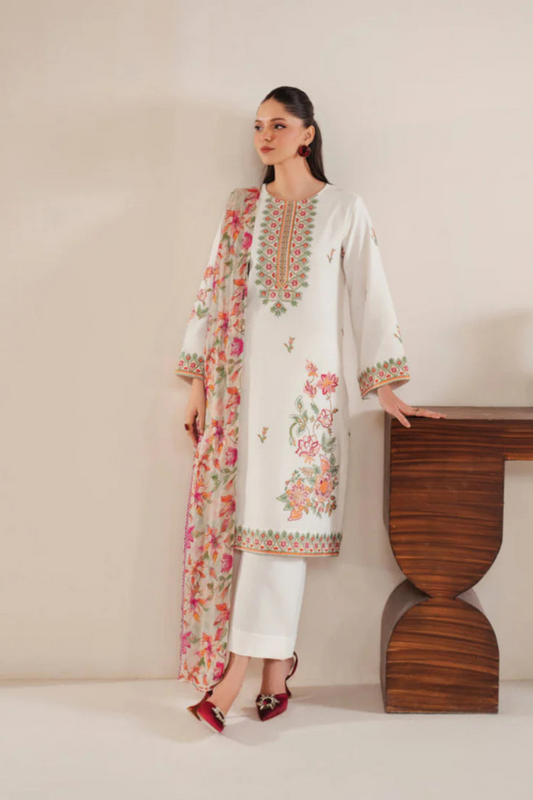 JAZMIN LAWN 3PC EMBORIDED SHIRT SLEEVES PLAIN TROUSER PRINTED DUPATA 0090-IN